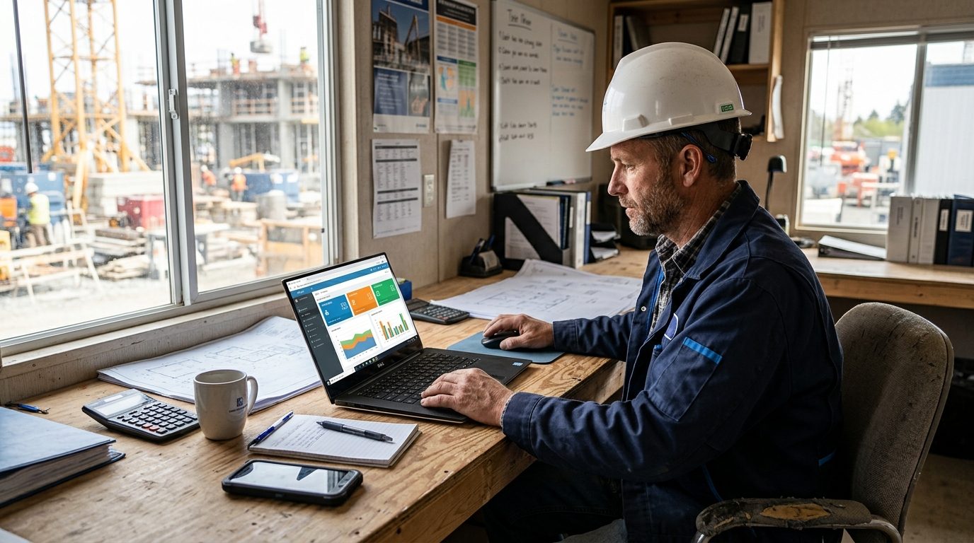 Construction business owner reviewing tender alerts and a draft proposal on a laptop in a site office